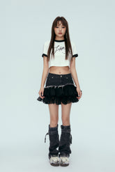 Black Denim Panel Pleated Tulle Skirt