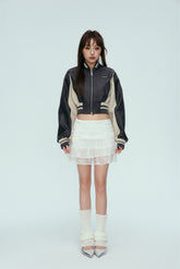 Color Block Baseball Leather Jacket