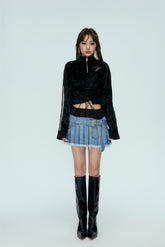 Velvet Half-Zip Rhinestone Logo Tie-Detail Hoodie