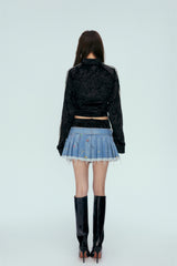 Velvet Half-Zip Rhinestone Logo Tie-Detail Hoodie