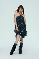 Blue & Pink Washed Denim Pleated Dress