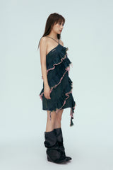 Blue & Pink Washed Denim Pleated Dress