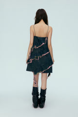 Blue & Pink Washed Denim Pleated Dress