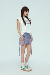 Blue Washed Tie-Detail Pocket Denim Mini Skirt