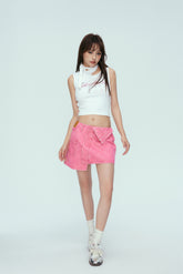 Pink Asymmetric Belted Denim Mini Skirt