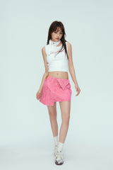 Pink Asymmetric Belted Denim Mini Skirt