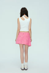 Pink Asymmetric Belted Denim Mini Skirt