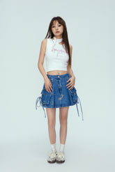 Blue Floral Print Pocket Denim Mini Skirt