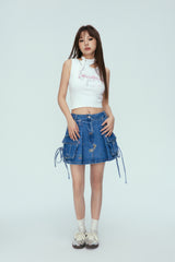 Blue Floral Print Pocket Denim Mini Skirt