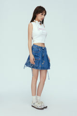 Blue Floral Print Pocket Denim Mini Skirt