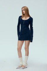 Lace Panel Knit Denim Halter Dress