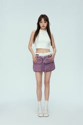 Purple Washed Satin Panel Denim Mini Skirt
