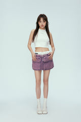 Purple Washed Satin Panel Denim Mini Skirt