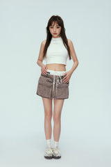 Purple Washed Satin Panel Denim Mini Skirt