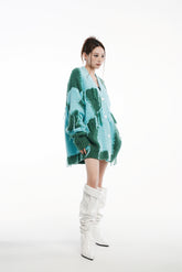 Blue & Green Color Block Fringe Cardigan