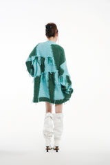 Blue & Green Color Block Fringe Cardigan