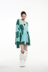 Blue & Green Color Block Fringe Cardigan