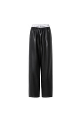 Logo Elastic Ribbing Wide-Leg Leather Pants