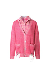 Magenta Vintage Destroyed False Two-Piece Shirt Cardigan