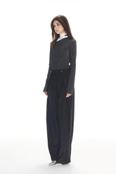 Black Folded Hem Straight Leg Trousers