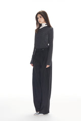 Black Folded Hem Straight Leg Trousers