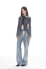 Blue Silver Foil Straight Leg Jeans