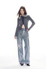 Grey Striped Fur Collar Knit Top