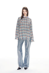 Plaid Starry Sky Rhinestone Grey Hooded Shirt