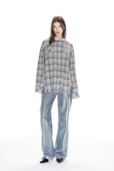 Plaid Starry Sky Rhinestone Grey Hooded Shirt