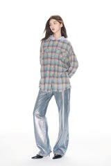 Plaid Starry Sky Rhinestone Grey Hooded Shirt