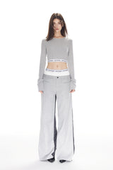 Satin Panel Elastic Rib Logo Grey Trousers