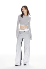 Satin Panel Elastic Rib Logo Grey Trousers