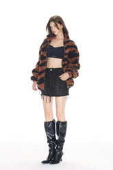Black & Brown Tiger Print Zip Faux Fur Jacket