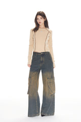 Brown Topstitch Embroidered Logo Top