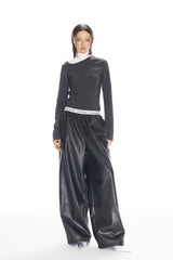 Logo Elastic Ribbing Wide-Leg Leather Pants