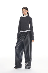 Logo Elastic Ribbing Wide-Leg Leather Pants