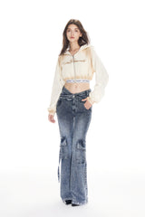 Beige Spray-Paint Logo Elastic Ribbing Zip Hoodie