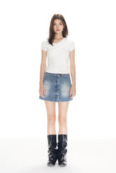 Waterwash Belted Denim Mini Skirt