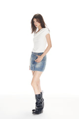 Waterwash Belted Denim Mini Skirt