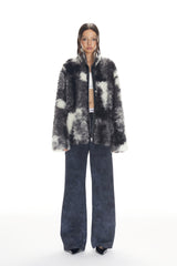 Black & White Tie-Dye Curly Faux Fur Zip Jacket