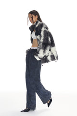 Black & White Tie-Dye Curly Faux Fur Zip Jacket