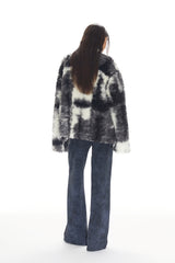Black & White Tie-Dye Curly Faux Fur Zip Jacket