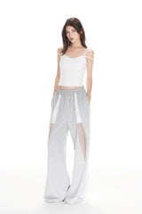 Grey Mesh & Crystal Panel Wide-Leg Sweatpants