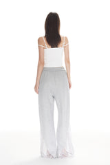 Grey Mesh & Crystal Panel Wide-Leg Sweatpants