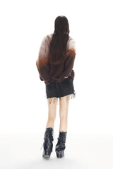 Black & Brown Ripped Raw Edge Denim Mini Skirt