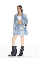 Blue Waterwash Bullet Hole Destroyed Denim Blazer - Set