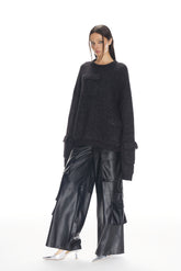 Black 3D Pocket Metallic Yarn Oversized Sweater