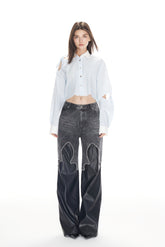 Crystal Flame Leather Panel Jeans