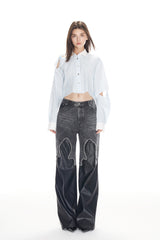 Crystal Flame Leather Panel Jeans