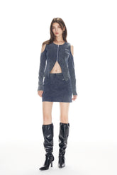 Waterwash Deep Blue Knit Denim Mini Skirt - Set